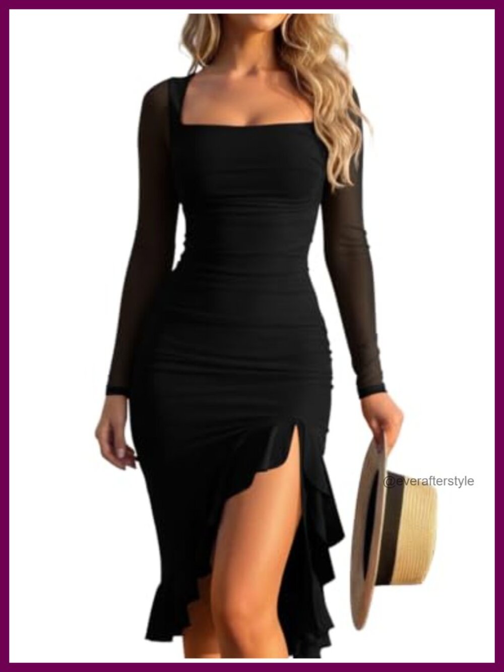 Long Sleeve Square Neck Bodycon Midi Dress with High Slit